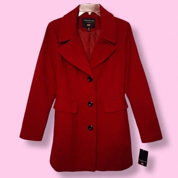 LONDON FOG Red Peacoat NWT Women's Medium Wool Coat Single-Breasted Jacket New - Picture 2 of 15